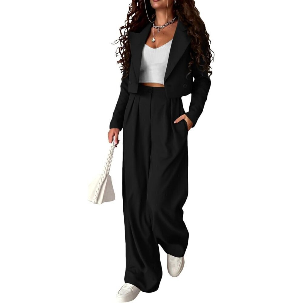 Kirundo Casual Blazer Women Black Two Piece Outfits Business Wide Leg Pants Suit